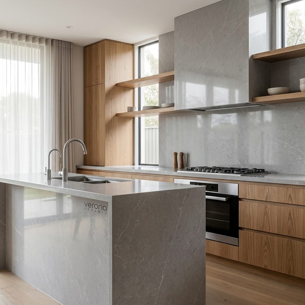 Lightening Frost engineered stone kitchen island and splashback with wood cabinetry and modern design.