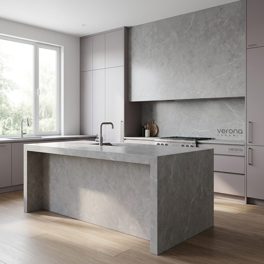 Modern kitchen design with grey engineered stone benchtops and cabinetry, Verona Ceramic project gallery example.