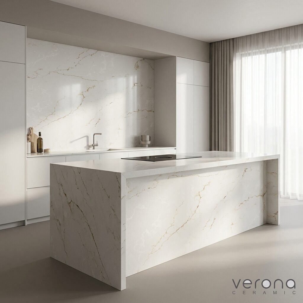 Golden Eucalyptus engineered stone kitchen island and backsplash with gold and copper veining.