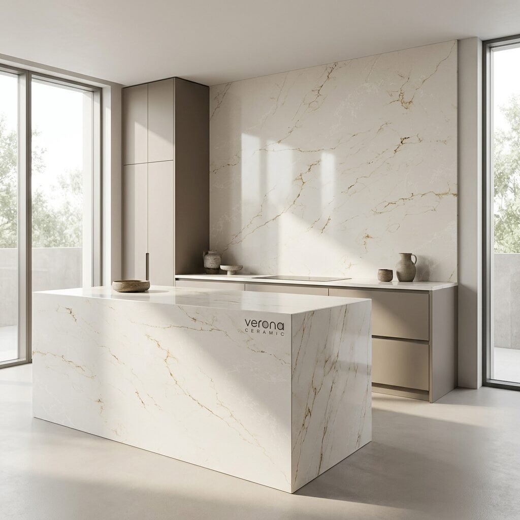 Golden Eucalyptus engineered stone slab in modern kitchen design with gold and copper veining on white base.