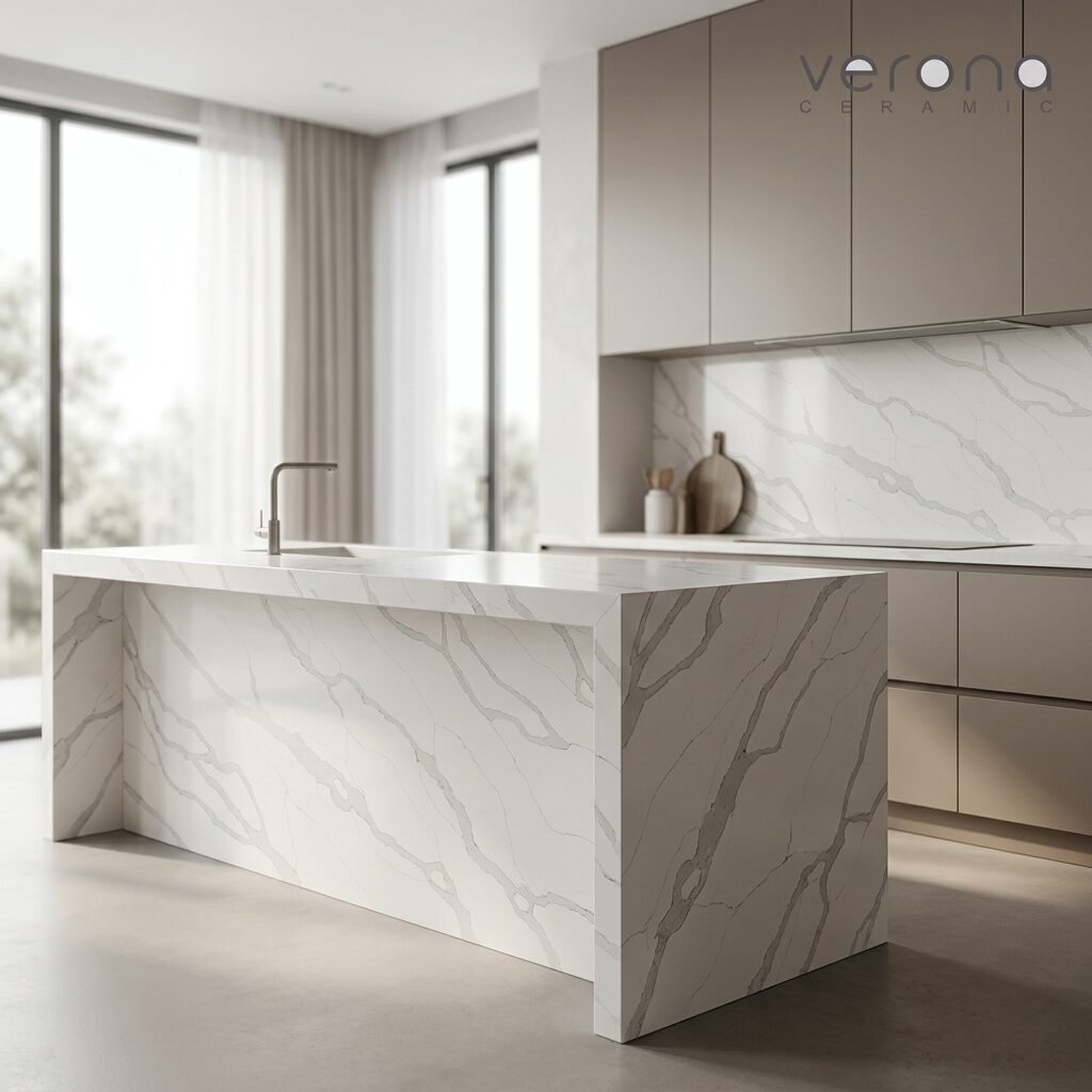 Modern kitchen featuring Verona Ceramic tiles and engineered stone benchtop.