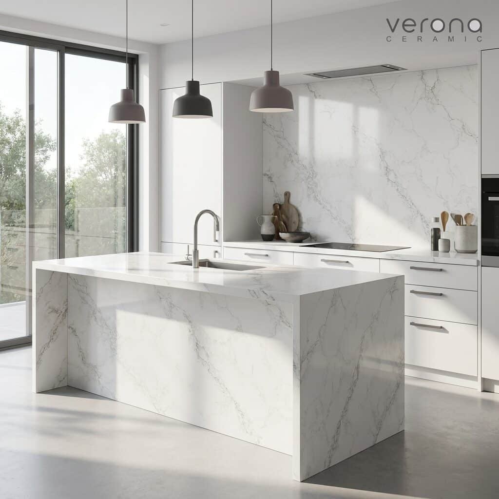 Marble-look engineered stone kitchen island and countertops in a modern Australian home.