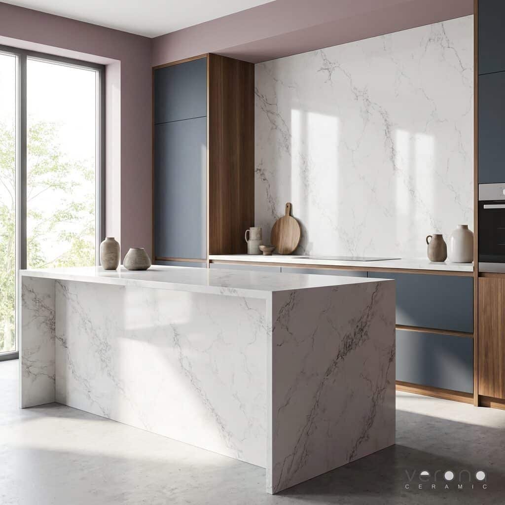 Modern kitchen featuring Angel Falls premium engineered stone countertops and backsplash with subtle grey veining.