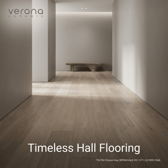 Cocoa Brown SPC Hybrid Flooring installation showcasing timeless hall flooring design.