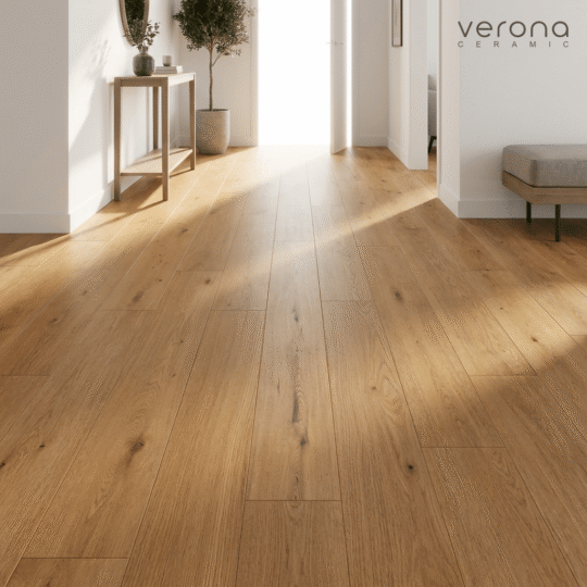 Warm taupe engineered European oak flooring, Matt brushed finish.