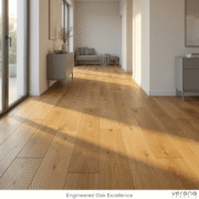 Engineered European Oak timber flooring and interior design showcasing Verona Ceramic flooring.