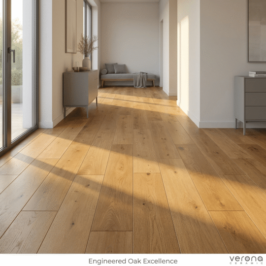 Engineered European Oak timber flooring and interior design showcasing Verona Ceramic flooring.