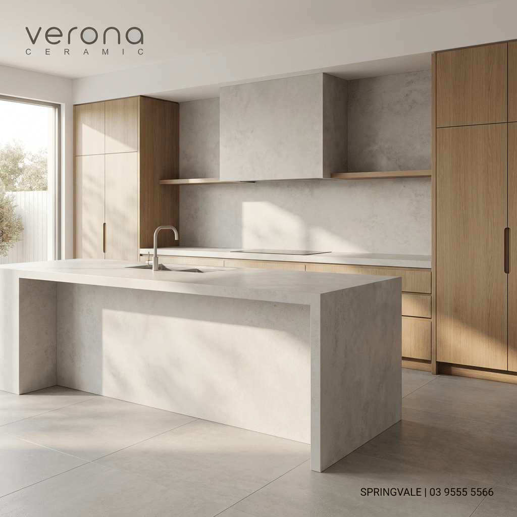 Modern kitchen interior featuring premium tiles and engineered stone benchtops.