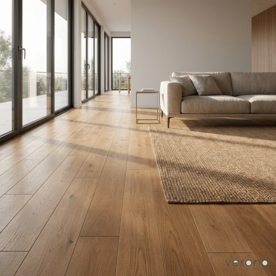 Spice Mustard Engineered European Oak flooring installation in modern living room with timber accents and large windows.