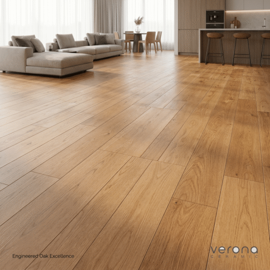 Spice Mustard Engineered European Oak flooring installation in modern living room.
