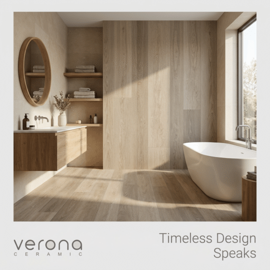 Limestone Premium Hybrid SPC flooring in a modern bathroom design with wide plank flooring and neutral sandy-grey oak tone.