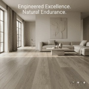 Limestone Premium Hybrid SPC flooring installation in a modern living room with wide plank design and sandy-grey oak tone.