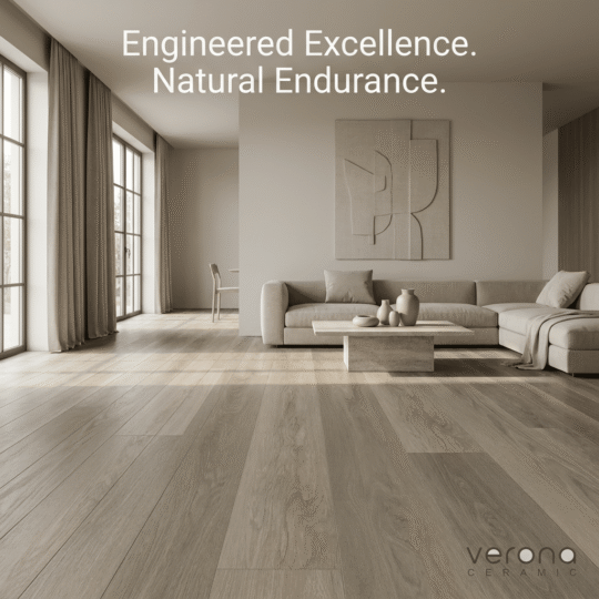 Limestone Premium Hybrid SPC flooring installation in a modern living room with wide plank design and sandy-grey oak tone.