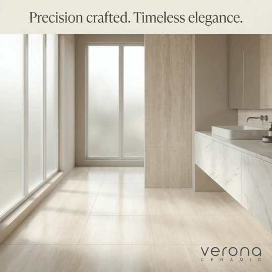 Bathroom interior featuring Verona Ceramic tiles and engineered stone surfaces.