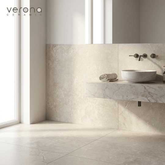 Blossom Ivory Matt Porcelain Tile 600x600mm installation in bathroom setting with marble-look basin and tapware.