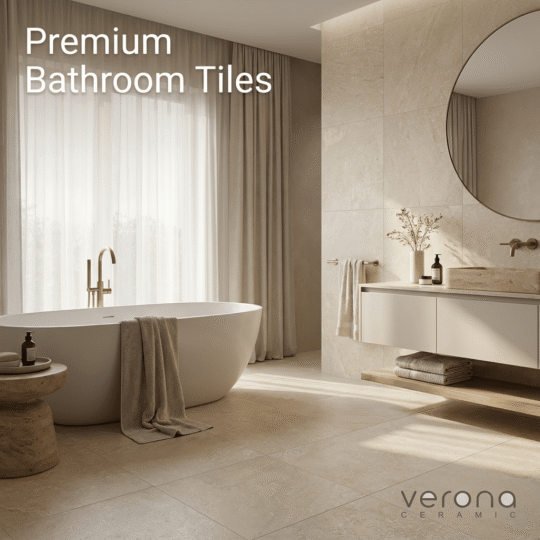 Premium bathroom tiles and Verona Ceramic design showcasing ivory porcelain tile flooring.