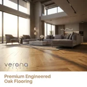 Premium engineered oak flooring in a modern living space and Verona Ceramic logo.