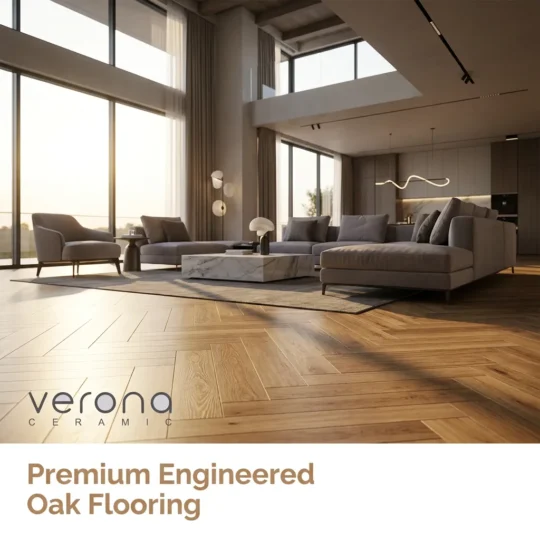 Premium engineered oak flooring in a modern living space and Verona Ceramic logo.