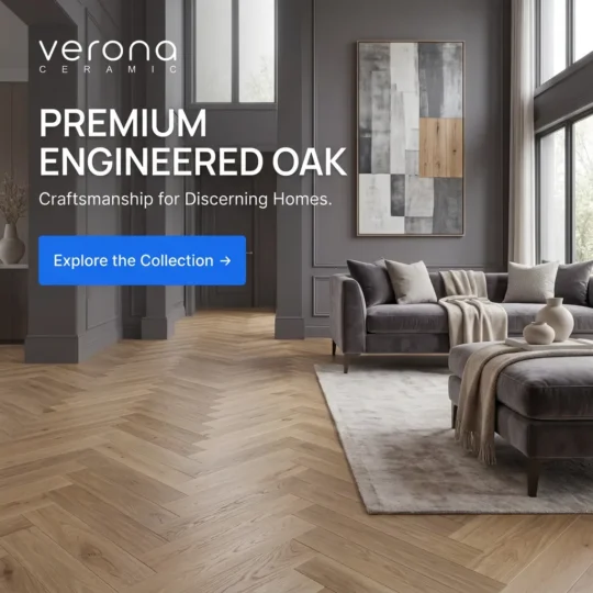Premium engineered oak flooring and interior design showcasing herringbone pattern.