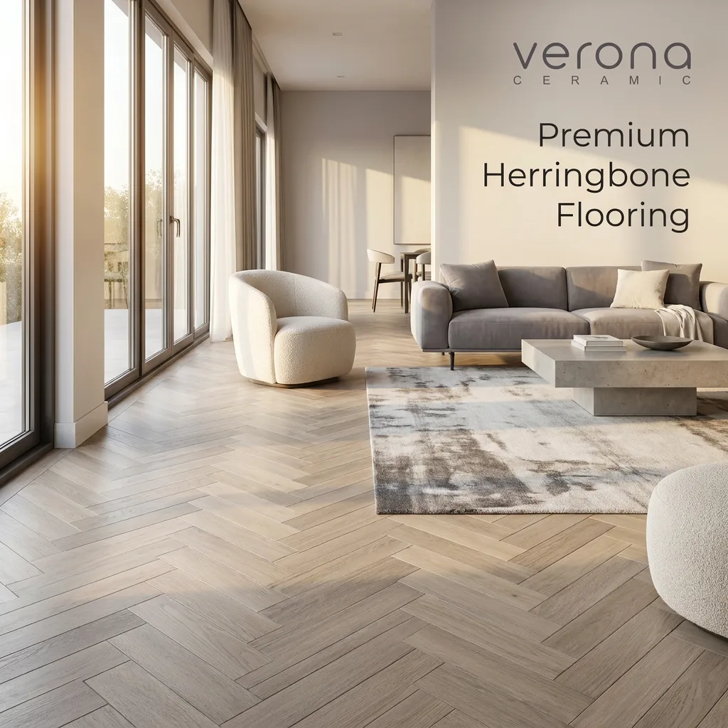 Living room interior showcasing European oak herringbone flooring and Verona Ceramic premium tiles.