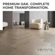 Tasmanian Rock engineered stone slab showcasing a modern interior design with herringbone flooring and neutral tones.