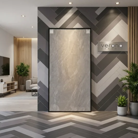 Verona Ceramic grey polished marble look tile display in showroom setting, 750mm x 1500mm tile size.