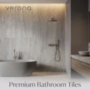 Middle Grey Stone Look Porcelain Tile bathroom installation with textured surface and modern shower.