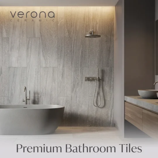 Middle Grey Stone Look Porcelain Tile bathroom installation with textured surface and modern shower.