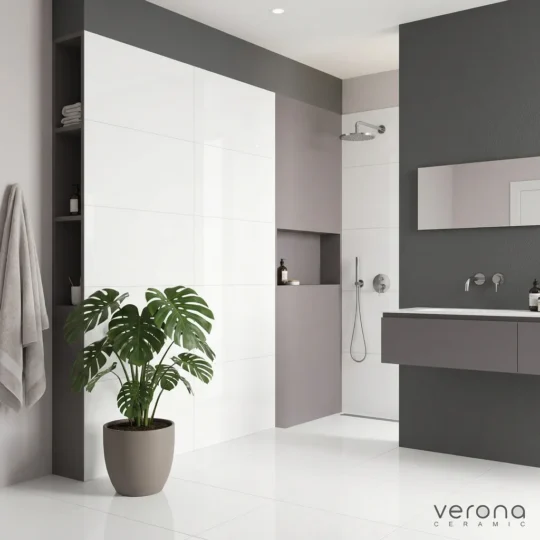Modern bathroom interior with grey stone look tile and white wall tiles.