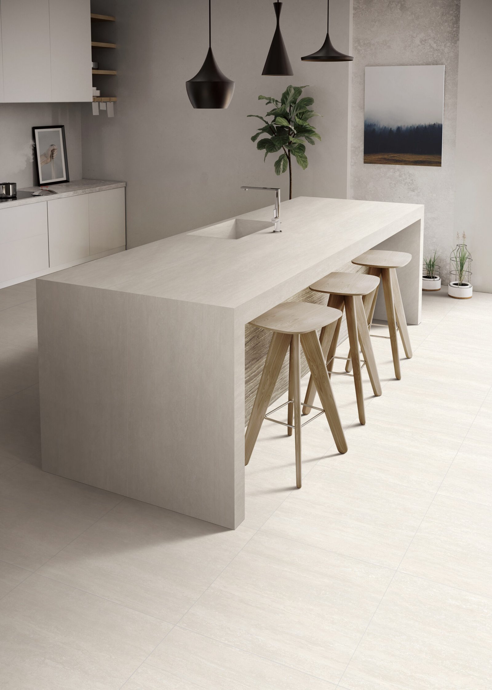 Blossom Taupe Matt Porcelain Tile flooring in modern kitchen design with island and bar stools.