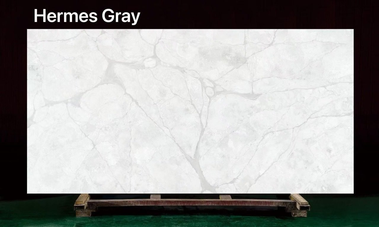 Hermes Gray premium zero-silica engineered stone slab with grey veining.