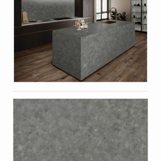 Anatolian Steel engineered stone slab with leathered surface in a modern kitchen setting.