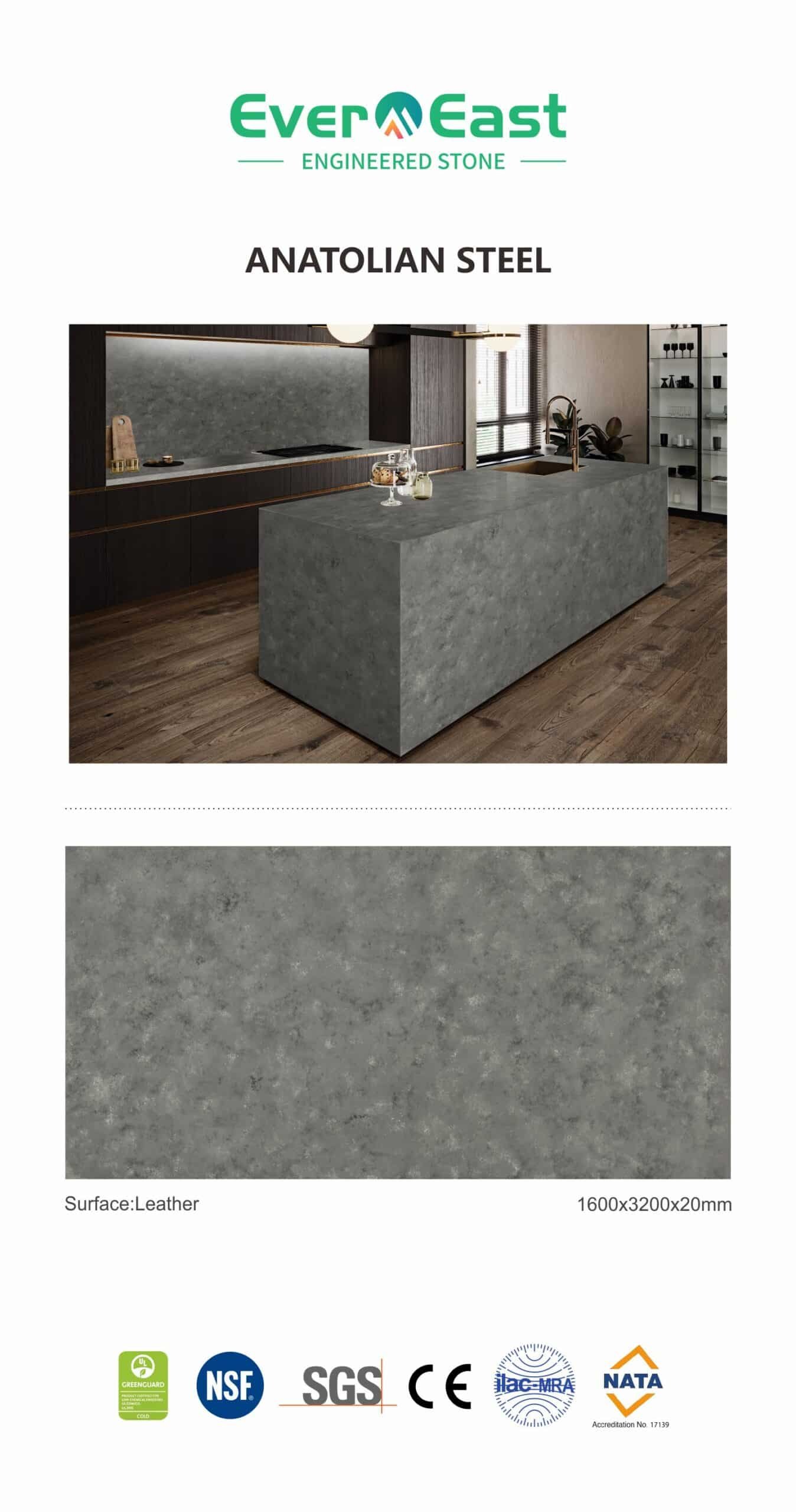 Anatolian Steel engineered stone slab with leathered surface in a modern kitchen setting.
