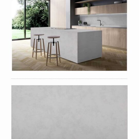 Berlin Cement engineered stone countertop and flooring in modern kitchen design.