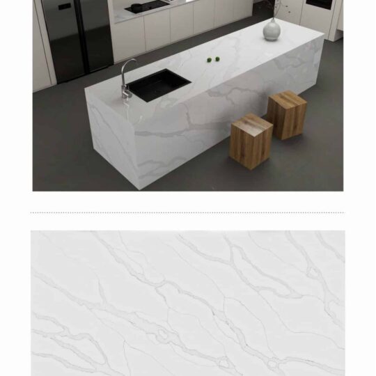 Calacatta Verona engineered stone kitchen island and waterfall countertop with grey veining.