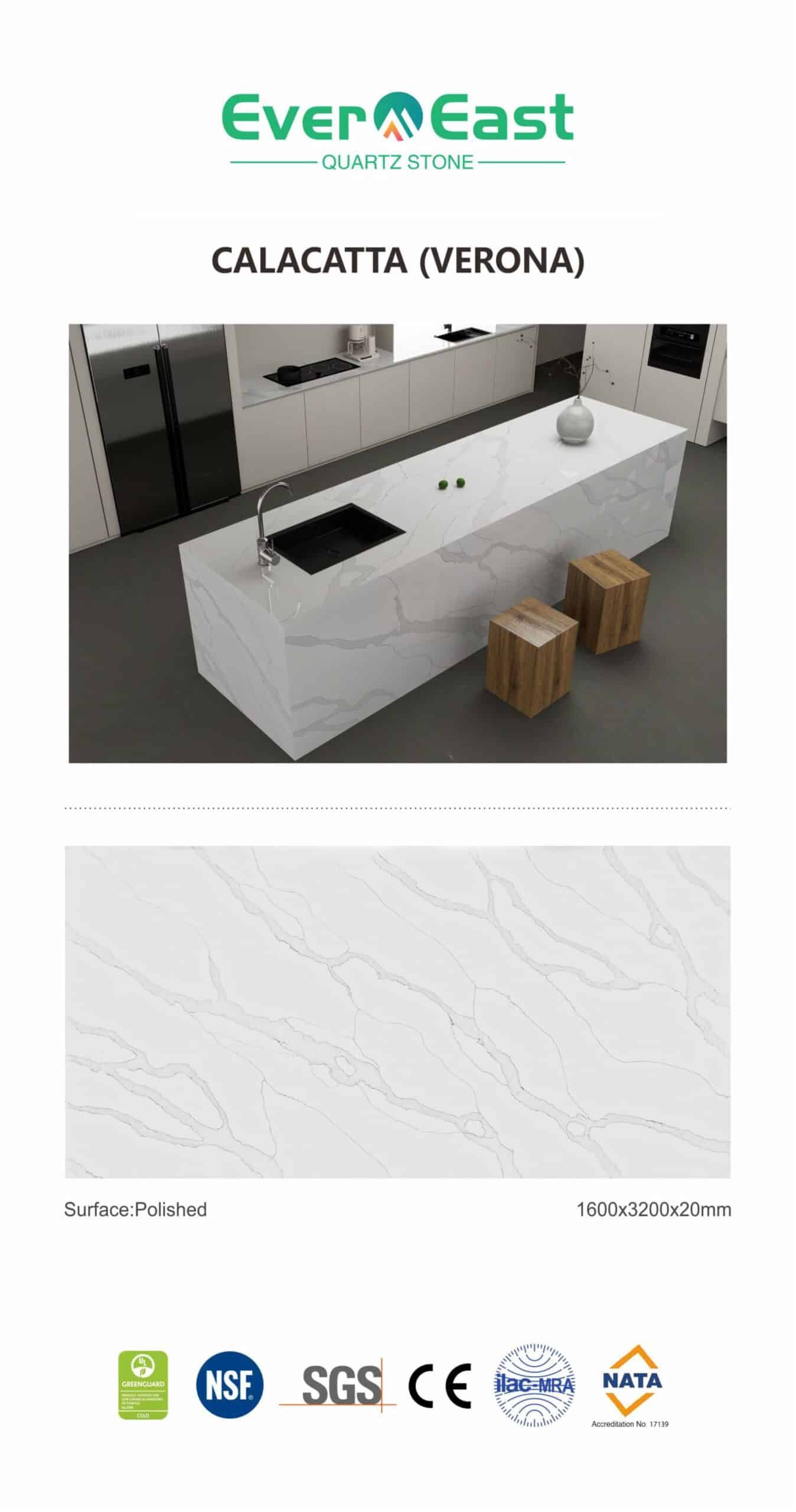 Calacatta Verona engineered stone kitchen island and waterfall countertop with grey veining.
