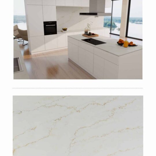 Golden Eucalyptus – Premium Zero-Silica Engineered Stone surface in a modern kitchen design