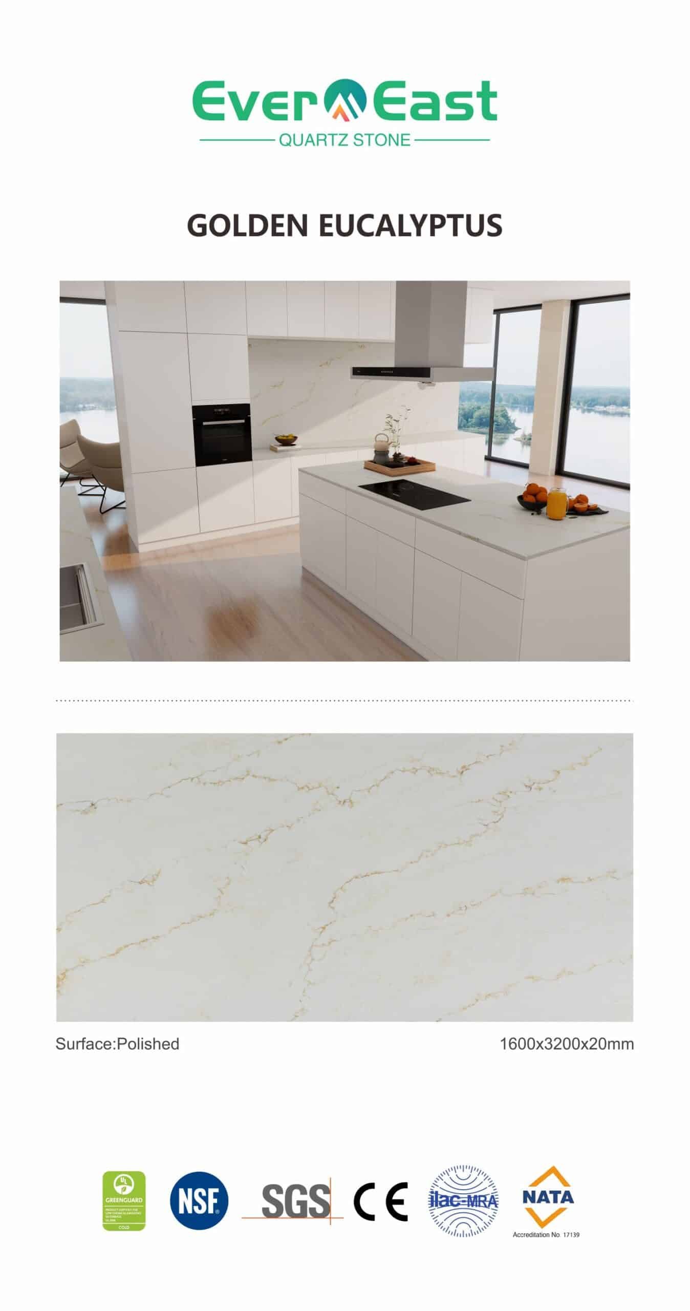 Golden Eucalyptus – Premium Zero-Silica Engineered Stone surface in a modern kitchen design