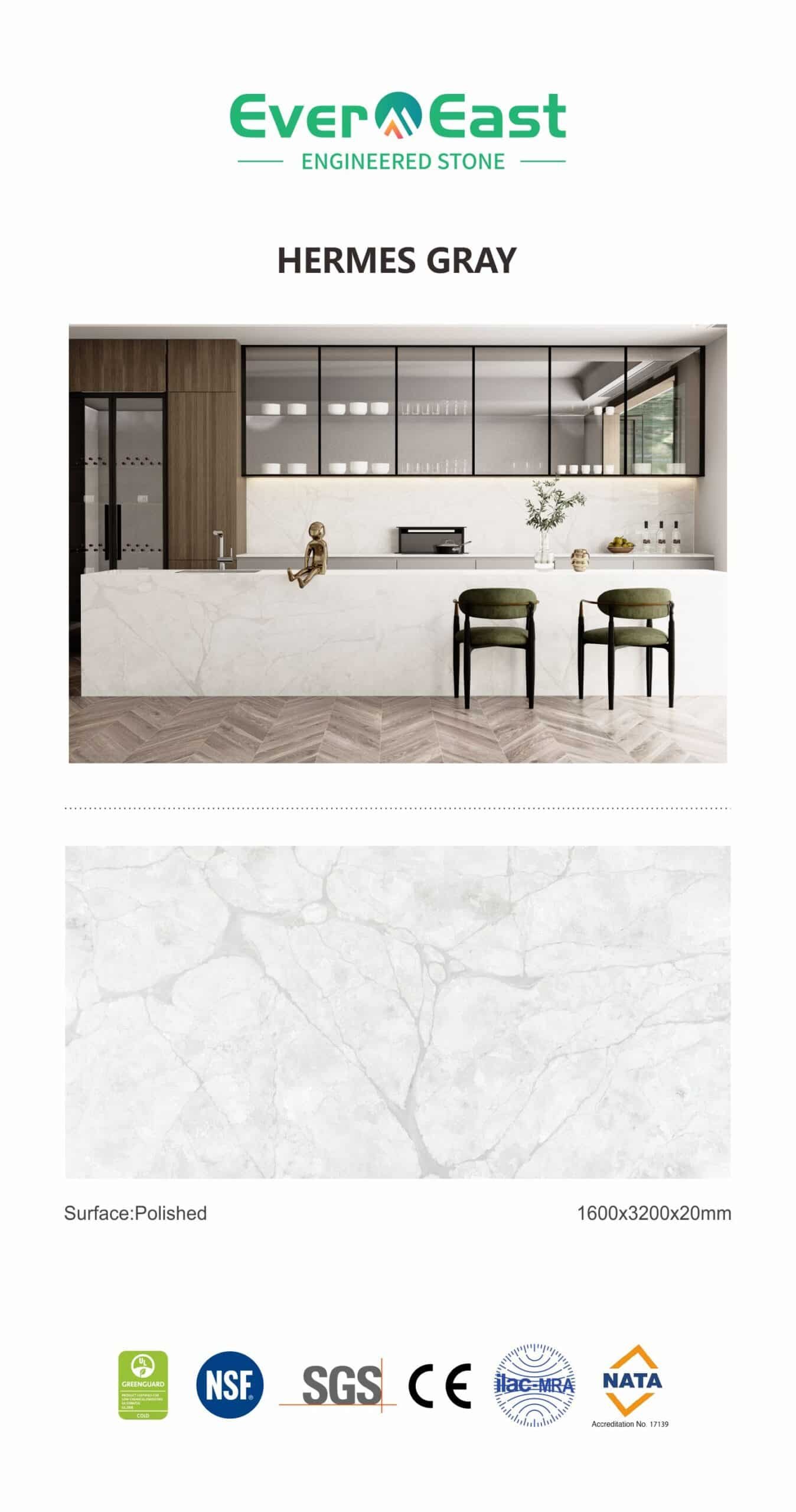 Hermes Gray engineered stone countertop and flooring in modern kitchen design