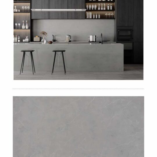 Lightening Frost engineered stone slab in modern kitchen setting, showcasing grey veining.