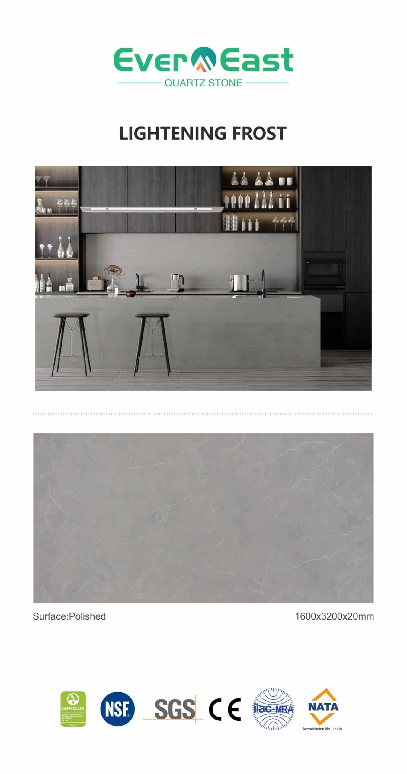 Lightening Frost engineered stone slab in modern kitchen setting, showcasing grey veining.