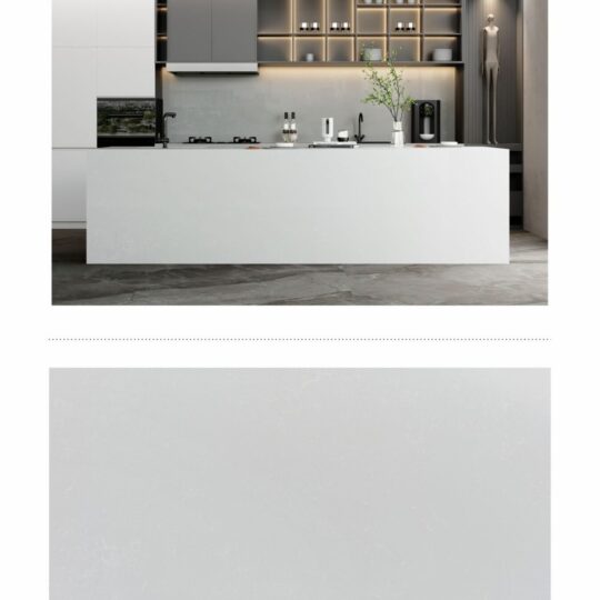 Modern kitchen featuring Sky Line Premium Zero-Silica Engineered Stone countertop and island.