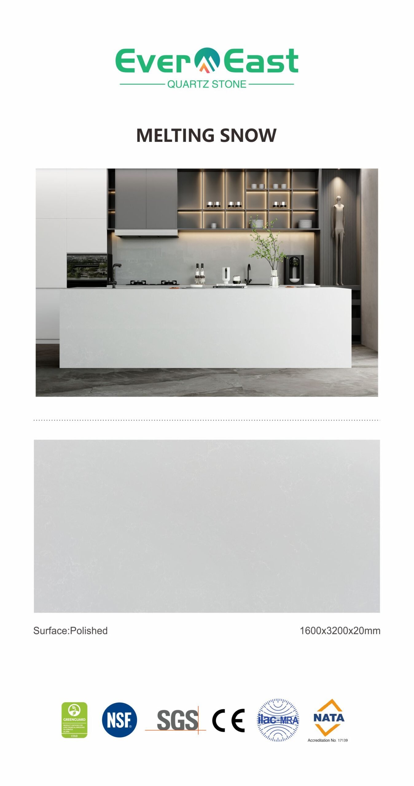 Modern kitchen featuring Sky Line Premium Zero-Silica Engineered Stone countertop and island.