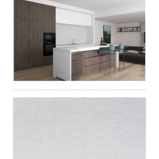 Modern kitchen interior with engineered stone island and timber cabinetry.