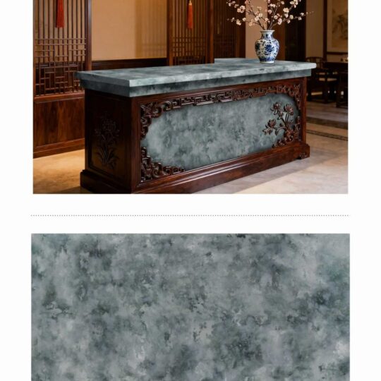 Olive Jade engineered stone slab showcasing grey veining and jumbo slab application for kitchen benchtops.