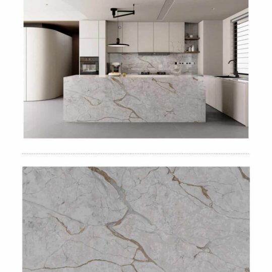 Sky Line engineered stone kitchen island with grey veining and bright white base.