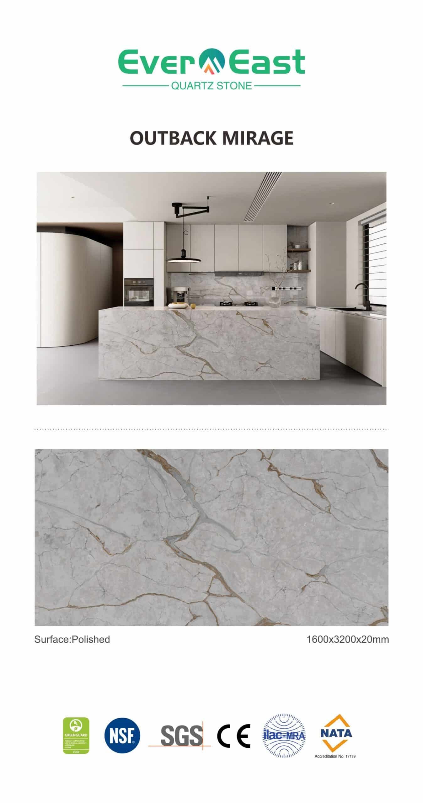 Sky Line engineered stone kitchen island with grey veining and bright white base.