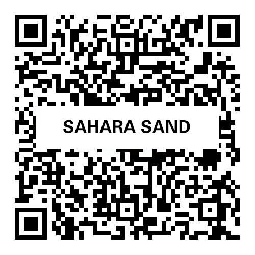 Sahara Sand premium zero-silica engineered stone sample with QR code and product name.