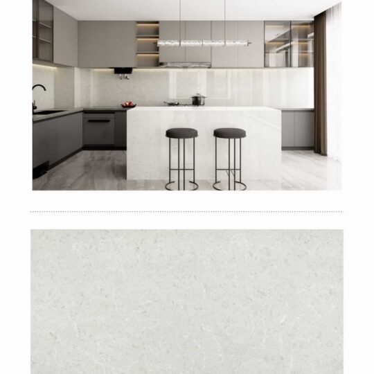 Sahara Sand premium zero-silica engineered stone slab showcasing off-white and sandy-grey tones in a modern kitchen design.