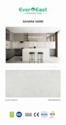 Sahara Sand premium zero-silica engineered stone slab showcasing off-white and sandy-grey tones in a modern kitchen design.